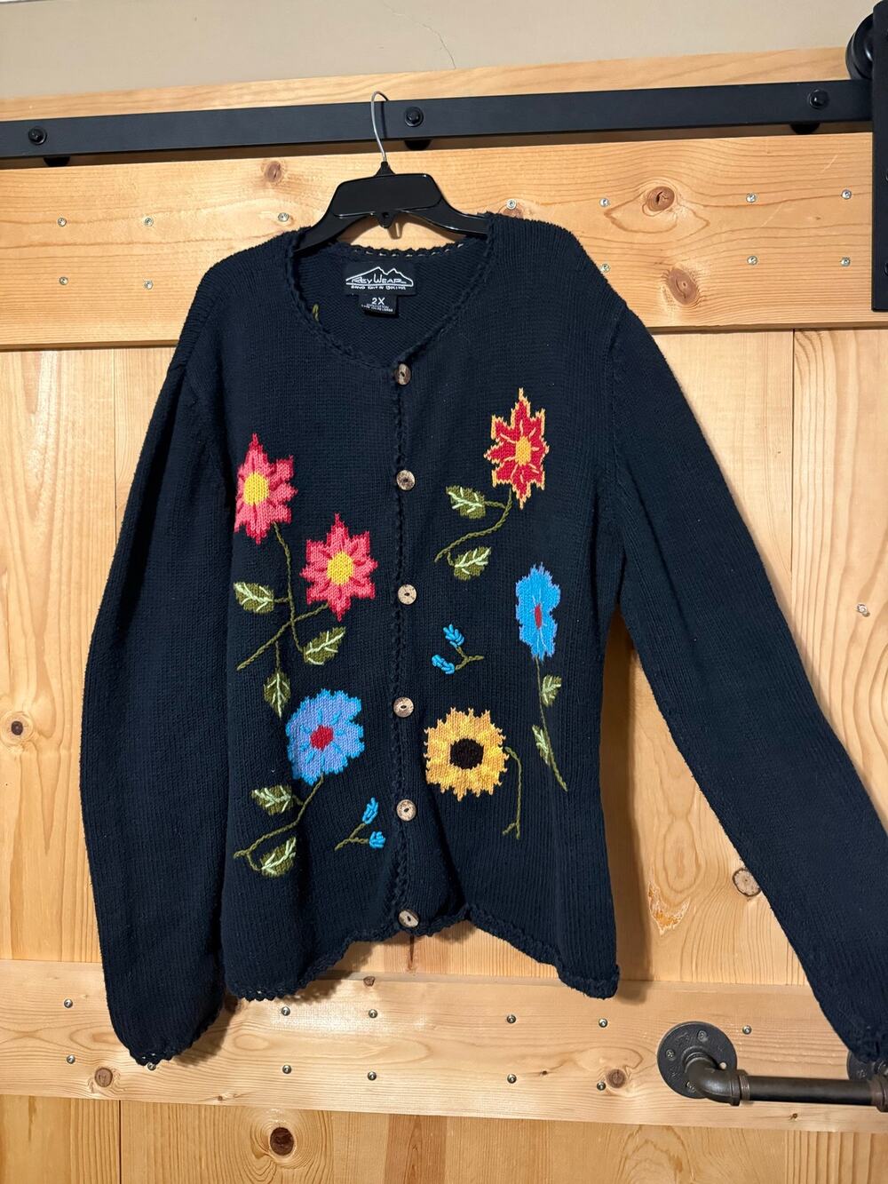 Vintage Rey Wear Cardigan Hand Knit Black Floral Size 2X Women’s Made in Bolivia
